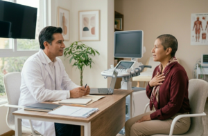 Chequeo cardiovascular en paciente oncológico durante consulta médica para evaluación del corazón